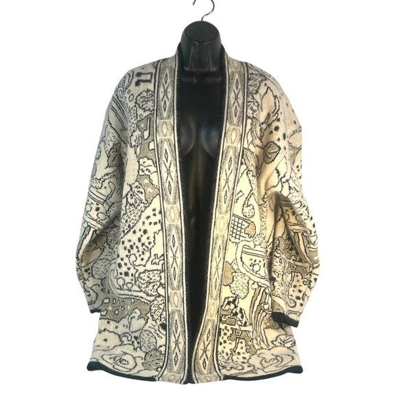 Imago Sweaters - vintage Imago lambswool angora floral contrasting trim long cardigan L old money